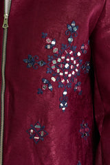Detailed Embroidery and Mirror Work on Maroon Men's Bomber Jacket