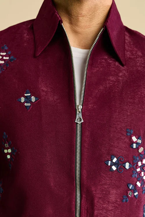 Side View of Premium Designer Maroon Mirror Work Men's Bomber Jacket