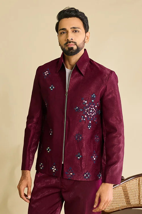 Front View of Premium Designer Maroon Mirror Work Men's Bomber Jacket