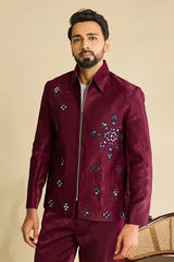 Front View of Premium Designer Maroon Mirror Work Men's Bomber Jacket