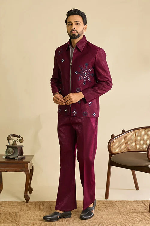 Full-Length Premium Designer Maroon Mirror Work Men's Bomber Jacket