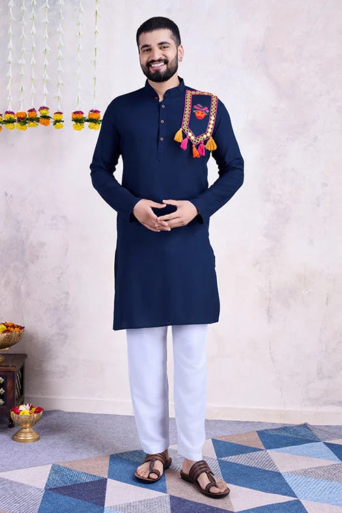 Navy Color Real Mirror Work Navratri Special Mens Kurta Collection shubhkalastore