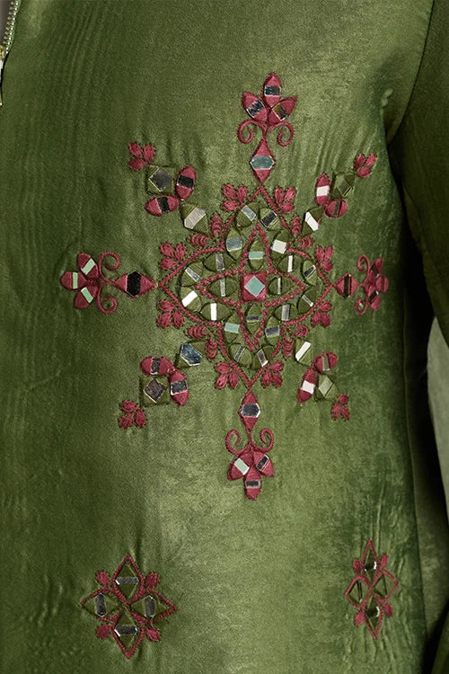 Close-Up of Mirror Work on Premium Olive Green Men's Jacket Set