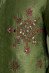 Close-Up of Mirror Work on Premium Olive Green Men's Jacket Set