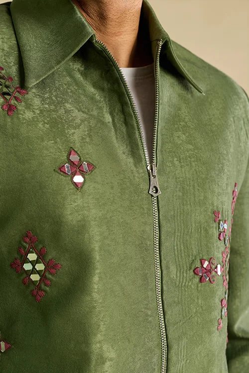 Side View of Premium Ethnic Wear Olive Green Mirror Work Men's Jacket Set