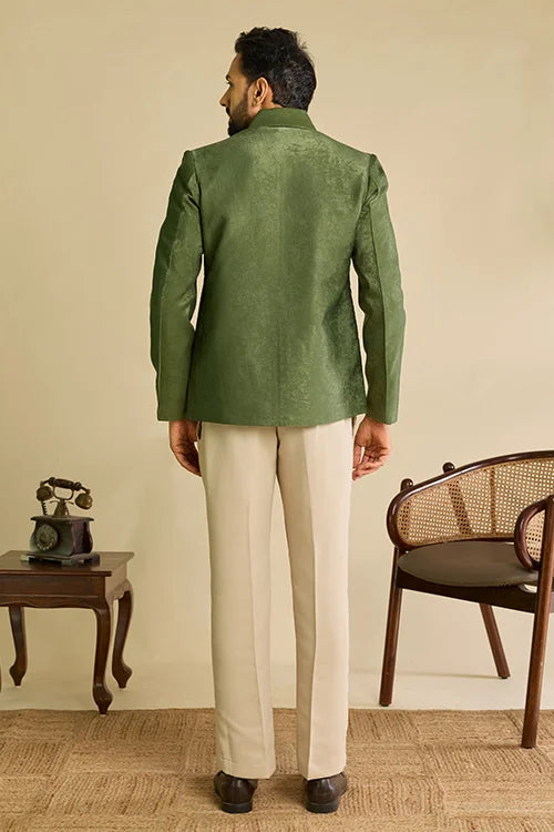 Back View of Premium Ethnic Wear Olive Green Mirror Work Men's Jacket Set
