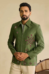 Front View of Premium Ethnic Wear Olive Green Mirror Work Men's Jacket Set