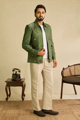 Detailed Embroidery and Mirror Work on Premium Olive Green Men's Jacket Set