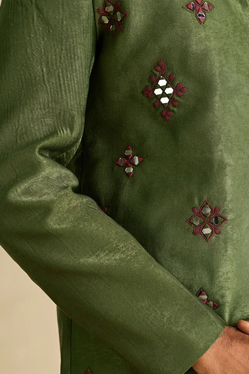 Full-Length Premium Ethnic Wear Olive Green Mirror Work Men's Jacket Set