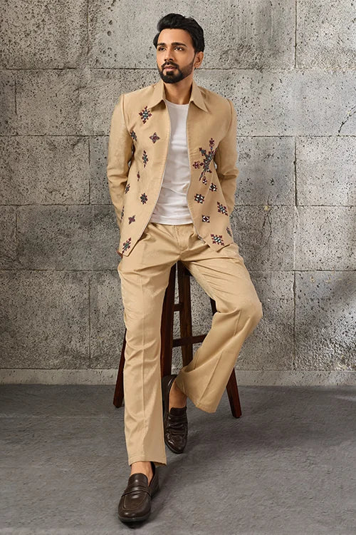 Premium Designer Beige Mirror Work Men's Bomber Jacket