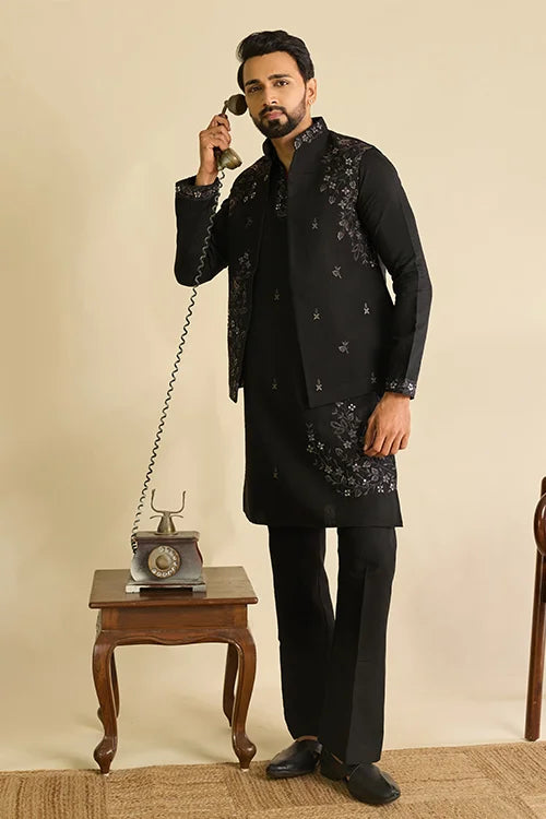 Premium Designer Black Mirror Work Koti Kurta Set for Men