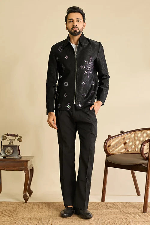 Premium Designer Black Mirror Work Men's Bomber Jacket