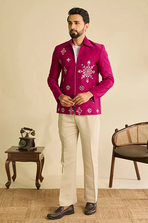 Premium Designer Ethnic Wear Magenta Mirror Work Men's Jacket