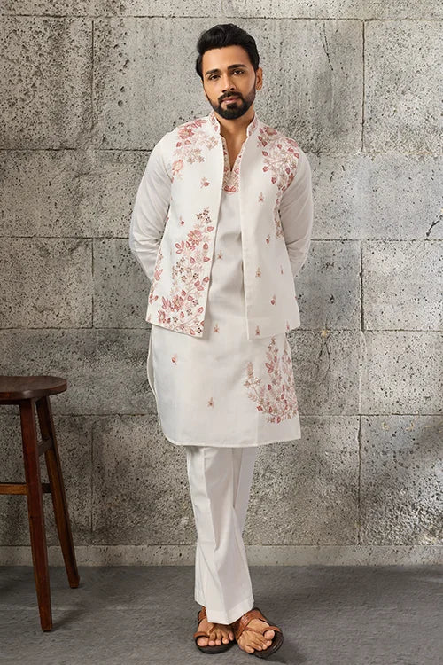 Premium Designer White Mirror Work Koti Kurta Set for Men's Wear
