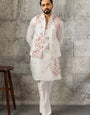 Premium Designer White Mirror Work Koti Kurta Set for Men's Wear