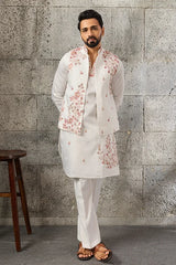Premium Designer White Mirror Work Koti Kurta Set for Men's Wear