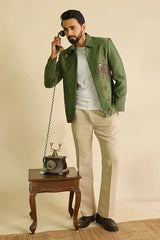 Premium Ethnic Wear Olive Green Mirror Work Men's Jacket Set