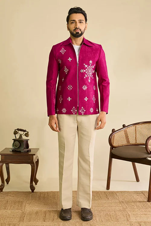 Full-Length Premium Designer Ethnic Wear Magenta Mirror Work Men's Jacket