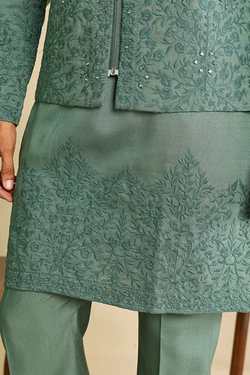 Close-Up of Embroidery on Premium Sage Green Viscose Silk Kurta
