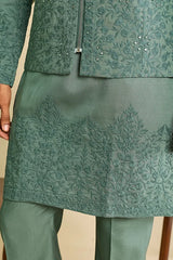Close-Up of Embroidery on Premium Sage Green Viscose Silk Kurta