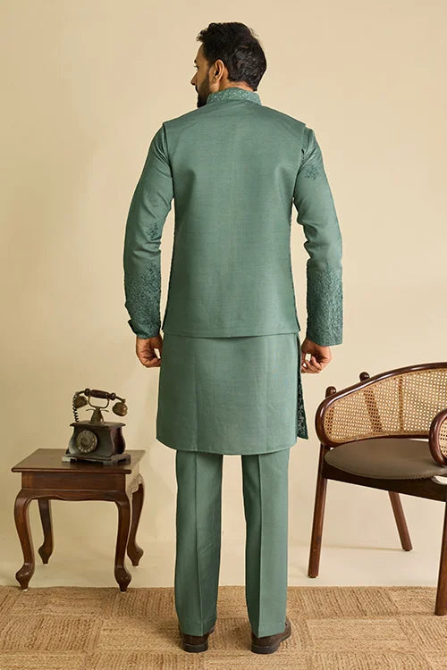 Back View of Premium Sage Green Viscose Silk Embroidered Koti Kurta Set for Men