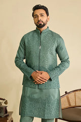 Front View of Premium Sage Green Viscose Silk Embroidered Koti Kurta Set for Men