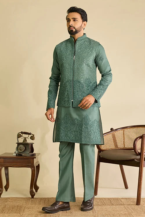 Full-Length Premium Sage Green Viscose Silk Embroidered Koti Kurta Set