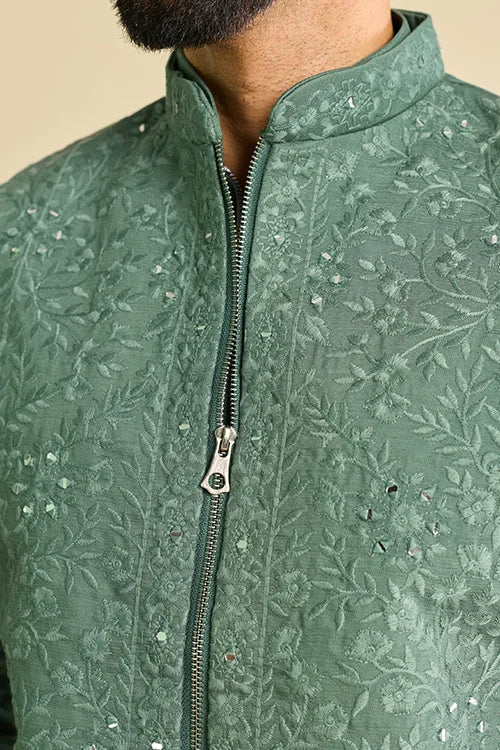 Side View of Premium Sage Green Embroidered Koti Kurta Set for Men