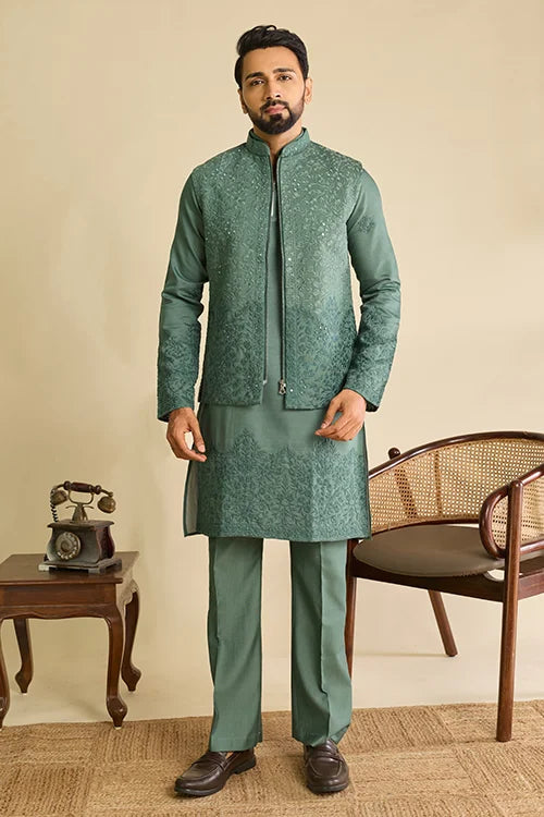 Premium Sage Green Viscose Silk Embroidered Koti Kurta Set for Men