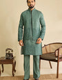 Premium Sage Green Viscose Silk Embroidered Koti Kurta Set for Men