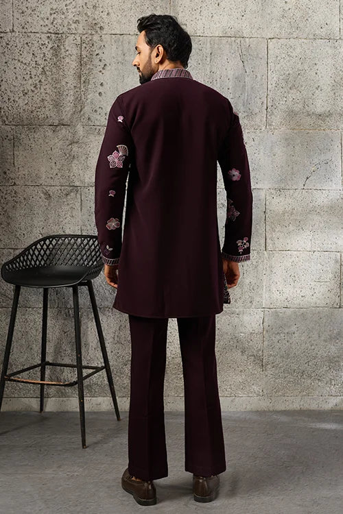 Back View of Ethnic Special Purple Japanese Fabric Embroidered Kurta for Men
