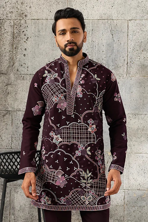 Front View of Ethnic Special Purple Japanese Fabric Embroidered Kurta for Men
