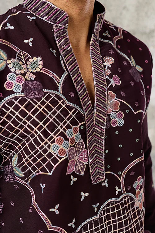 Detailed Embroidery on Ethnic Special Purple Japanese Fabric Kurta