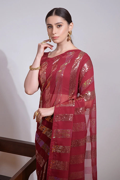 Red saree with lace border
