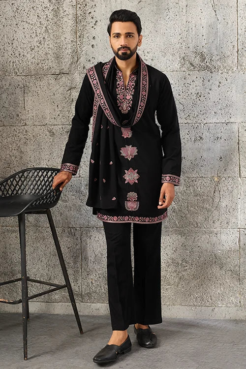Royal Black Japanese Fabric Embroidered Kurta Dupatta Set for Men's Wear