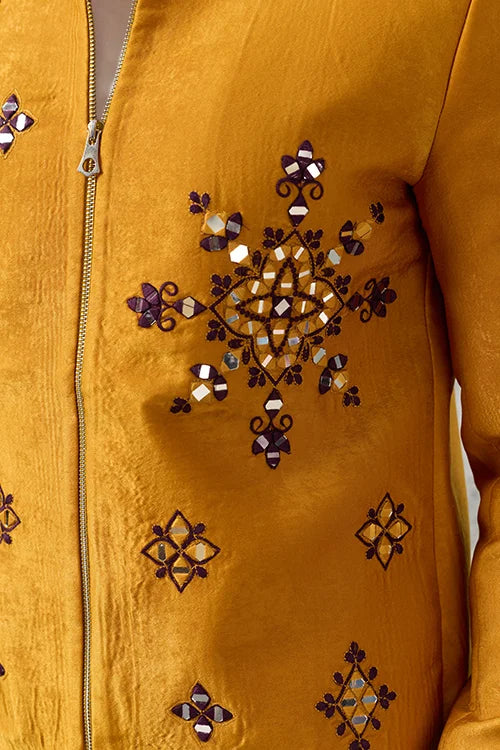 Luxury Royal Mustard Mirror Embroidered Ethnic Bomber Jacket for Men