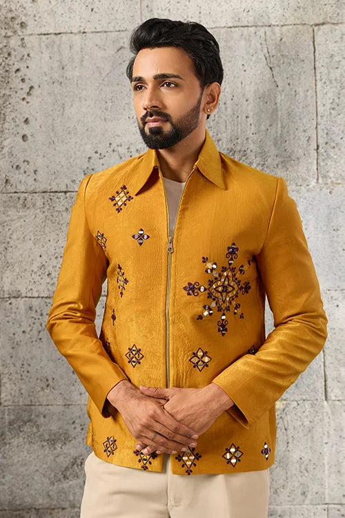Front View of Royal Mustard Mirror Embroidered Men's Bomber Jacket