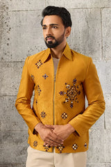 Front View of Royal Mustard Mirror Embroidered Men's Bomber Jacket