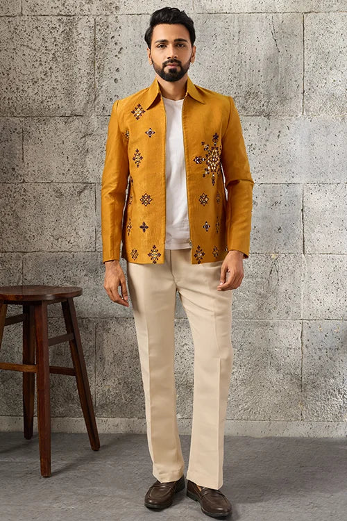 Full-Length Royal Mustard Mirror Embroidered Men's Bomber Jacket