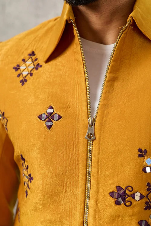Close-Up of Mirror Embroidery on Royal Mustard Men's Bomber Jacket