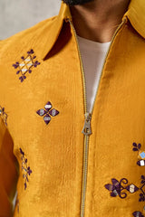 Close-Up of Mirror Embroidery on Royal Mustard Men's Bomber Jacket