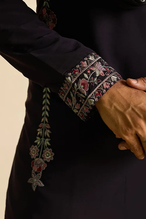 Side View of Royal Purple Japanese Fabric Kurta with Dupatta Set