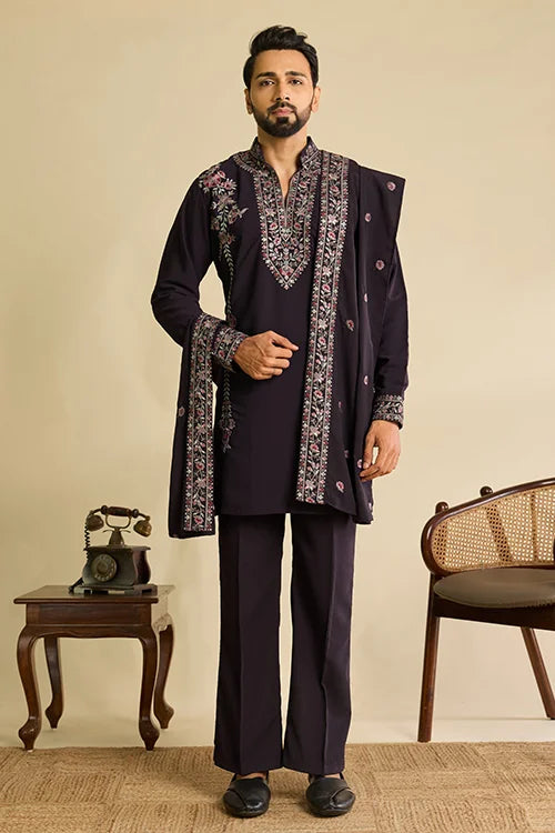 Royal Purple Japanese Fabric Kurta with Dupatta Set for Men's Wear