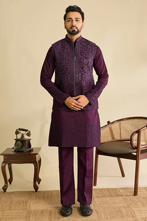 Full-Length Royal Purple Viscose Silk Embroidered Koti Kurta Set
