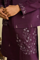 Detailed Embroidery and Mirror Work on Royal Purple Koti Kurta Set