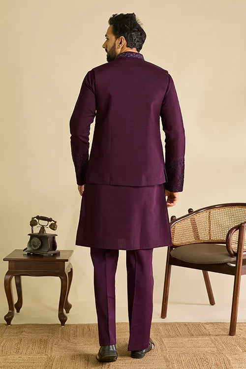 Back View of Royal Purple Viscose Silk Embroidered Koti Kurta Set for Men