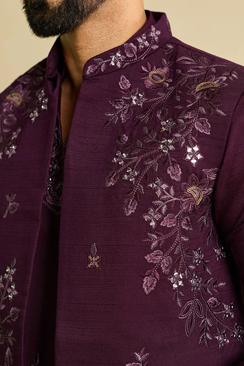 Full-Length Royal Purple Mirror Work Koti Kurta Set for Men's Wear