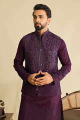 Front View of Royal Purple Viscose Silk Embroidered Koti Kurta Set for Men