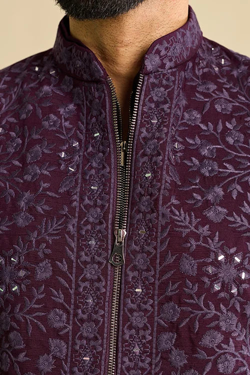 Close-Up of Embroidery on Royal Purple Viscose Silk Kurta