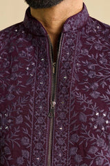 Close-Up of Embroidery on Royal Purple Viscose Silk Kurta